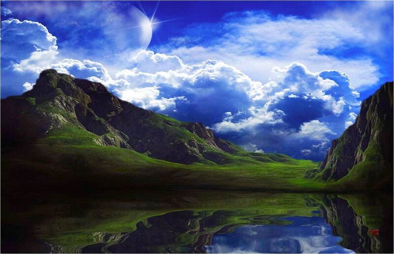 Mountain Lake Landscape — Blue, Dramatic, Morning, Digital Art
