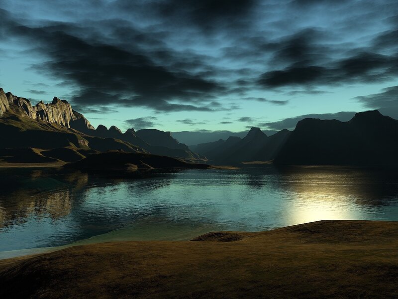 Mountain Lake Landscape — Blue, Dramatic, Night, 3d Render
