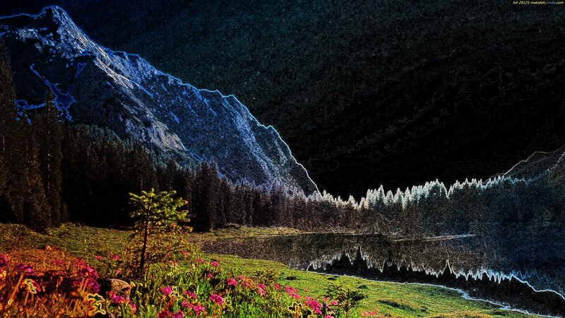 Mountain Lake Landscape — Blue, Dramatic, Night, Digital Art, Mountains