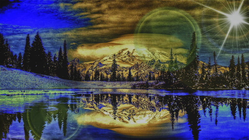 Mountain Lake Landscape — Blue, Dramatic, Night, Digital Art