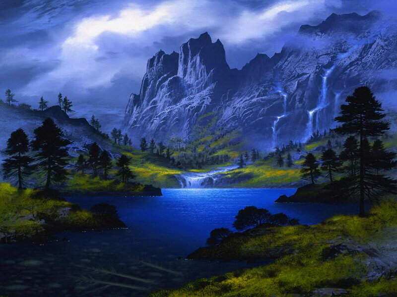Mountain Lake Landscape — Blue, Dramatic, Night, Digital Art, Trees