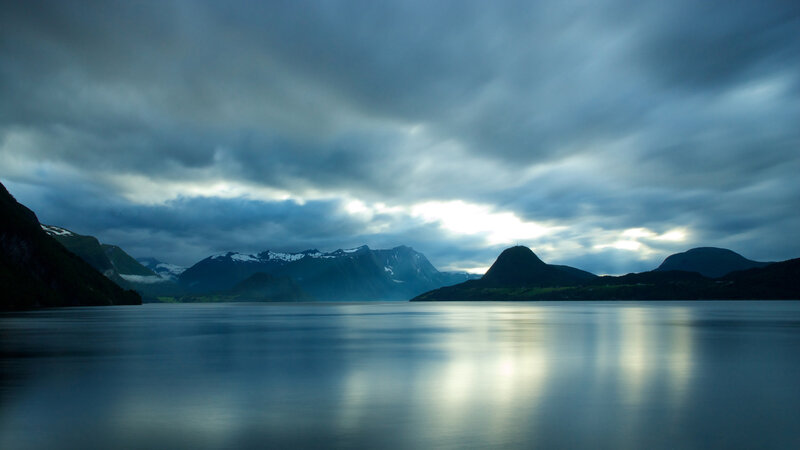 Mountain Lake Landscape — Blue, Dramatic, Night, Photograph, Mountains, Clouds