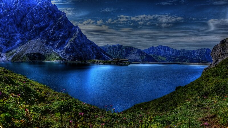 Mountain Lake Landscape — Blue, Dramatic, Night, Photograph, Mountains, Grass