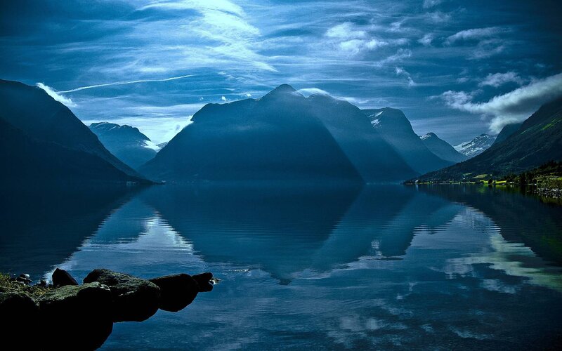 Mountain Lake Landscape — Blue, Dramatic, Night, Photograph, Mountains, Sky