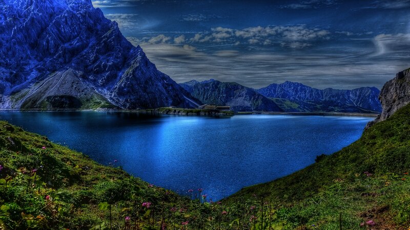 Mountain Lake Landscape — Blue, Dramatic, Night, Photograph