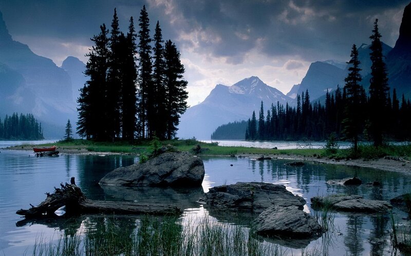 Mountain Lake Landscape — Blue, Dramatic, Night, Photograph, Trees