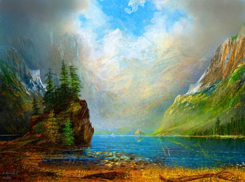 Mountain Lake Landscape — Blue, Dramatic, Painting