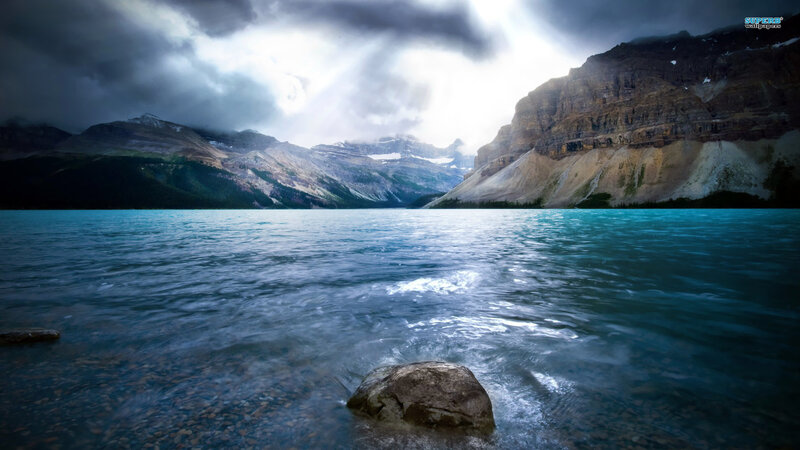 Mountain Lake Landscape — Blue, Dramatic, Photograph, Mountains, Clouds, Rock
