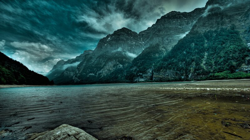 Mountain Lake Landscape — Blue, Dramatic, Photograph, Mountains, Clouds