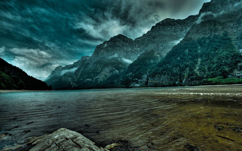 Mountain Lake Landscape — Blue, Dramatic, Photograph, Mountains, Clouds, Trees, Green, Gray