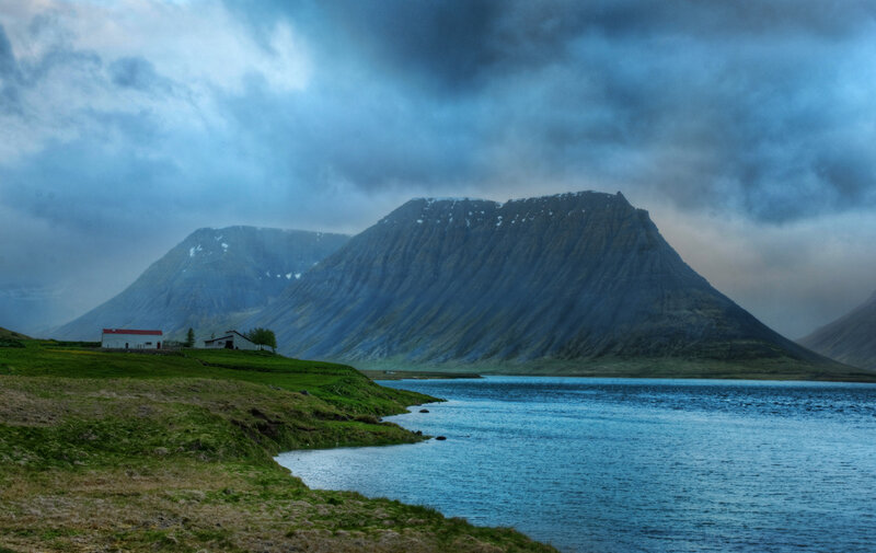 Mountain Lake Landscape — Blue, Dramatic, Photograph, Mountains, House