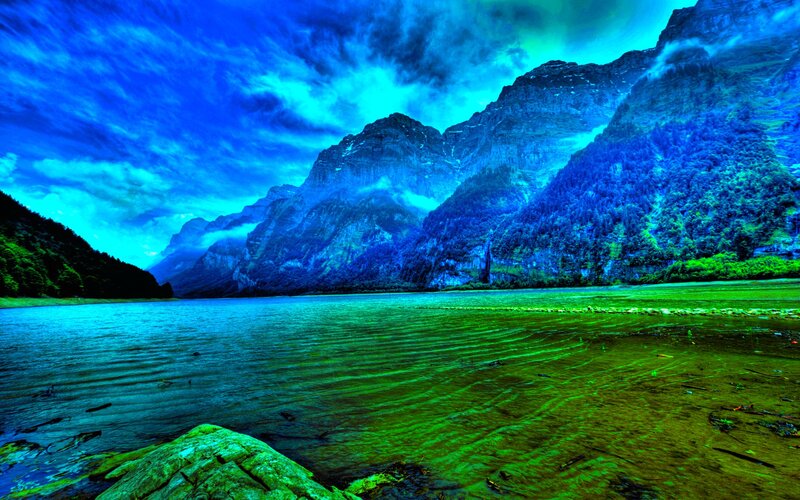 Mountain Lake Landscape — Blue, Dramatic, Photograph, Mountains, Trees