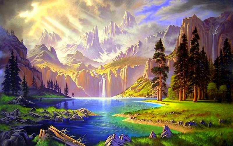 Mountain Lake Landscape — Blue, Dramatic, Sunrise, Painting