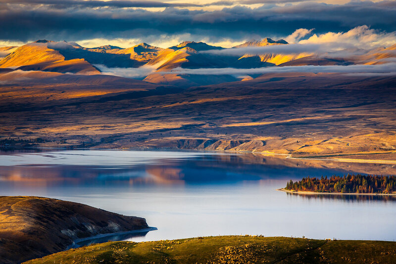 Mountain Lake Landscape — Blue, Dramatic, Sunrise, Photograph, Mountains, Clouds, Trees