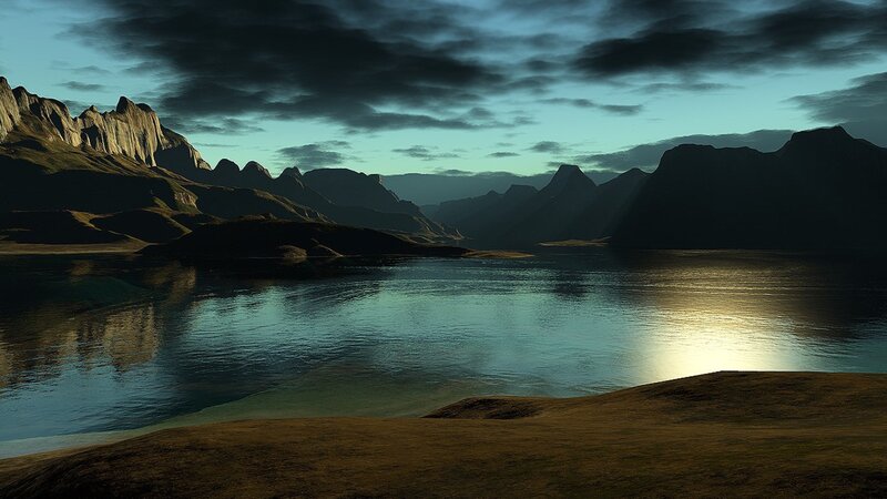Mountain Lake Landscape — Blue, Dramatic, Sunset, 3d Render