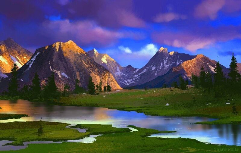 Mountain Lake Landscape — Blue, Dramatic, Sunset, Digital Art, Mountains