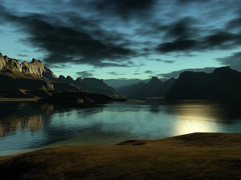 Mountain Lake Landscape — Blue, Dramatic, Sunset, Digital Art