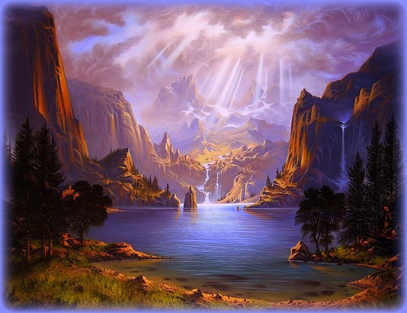 Mountain Lake Landscape — Blue, Dramatic, Sunset, Painting