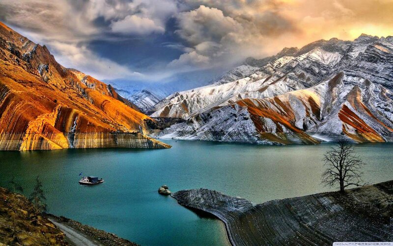 Mountain Lake Landscape — Blue, Dramatic, Sunset, Photograph, Boat