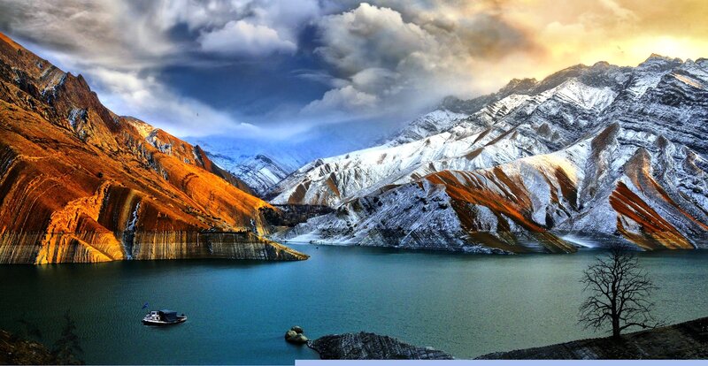 Mountain Lake Landscape — Blue, Dramatic, Sunset, Photograph, Boat, Tree, Snow