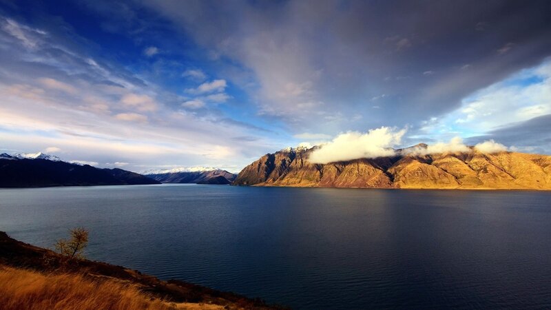 Mountain Lake Landscape — Blue, Dramatic, Sunset, Photograph, Mountains, Clouds, Sky, Brown