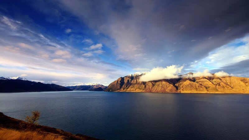Mountain Lake Landscape — Blue, Dramatic, Sunset, Photograph, Mountains, Clouds, Sky