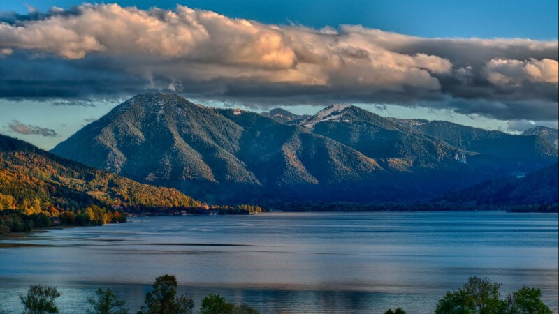 Mountain Lake Landscape — Blue, Dramatic, Sunset, Photograph, Mountains, Clouds, Trees