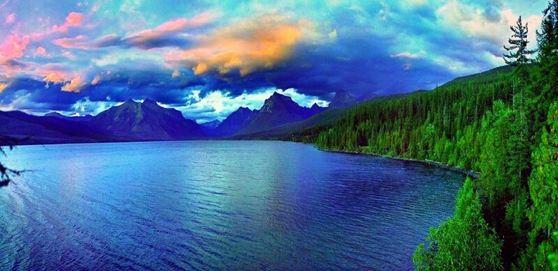 Mountain Lake Landscape — Blue, Dramatic, Sunset, Photograph, Mountains, Forest, Clouds
