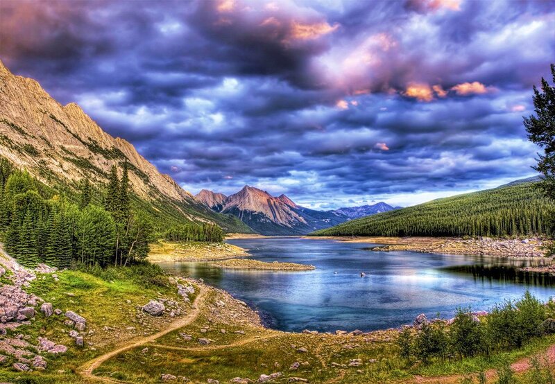 Mountain Lake Landscape — Blue, Dramatic, Sunset, Photograph, Mountains, Forest, Sky