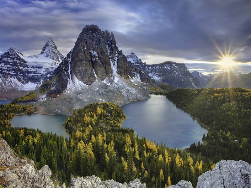 Mountain Lake Landscape — Blue, Dramatic, Sunset, Photograph, Mountains, Forest, Sun, Green, Gray