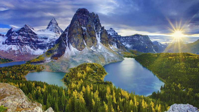 Mountain Lake Landscape — Blue, Dramatic, Sunset, Photograph, Mountains, Forest