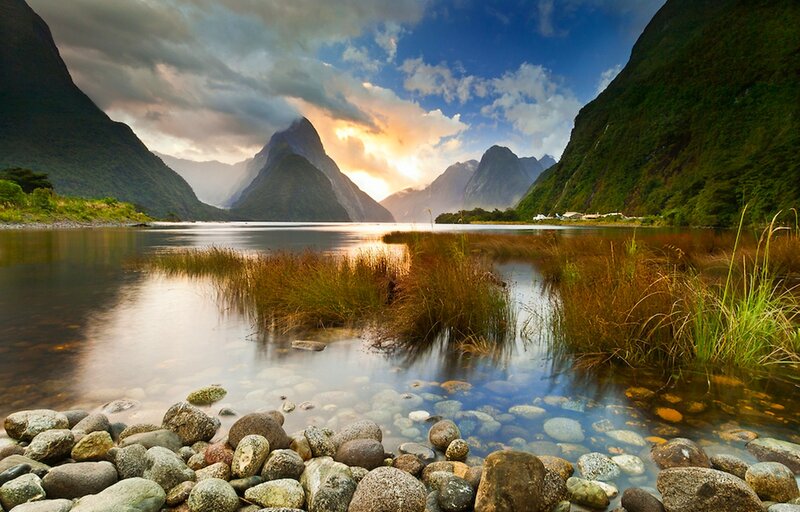 Mountain Lake Landscape — Blue, Dramatic, Sunset, Photograph, Mountains, Grass