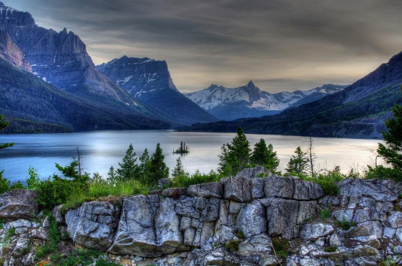 Mountain Lake Landscape — Blue, Dramatic, Sunset, Photograph, Mountains