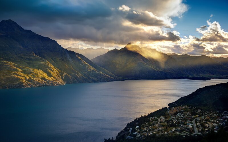 Mountain Lake Landscape — Blue, Dramatic, Sunset, Photograph, Mountains, Town