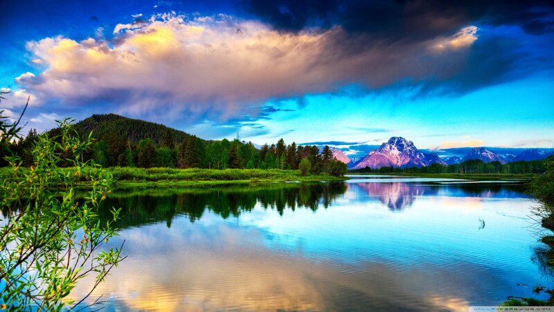 Mountain Lake Landscape — Blue, Dramatic, Sunset, Photograph, Mountains, Trees