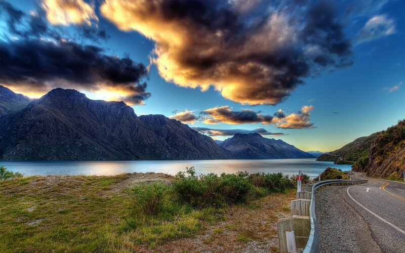 Mountain Lake Landscape — Blue, Dramatic, Sunset, Photograph, Road