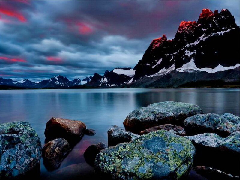 Mountain Lake Landscape — Blue, Dramatic, Sunset, Photograph, Rocks