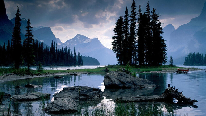 Mountain Lake Landscape — Blue, Dramatic, Sunset, Photograph, Trees, Mountains