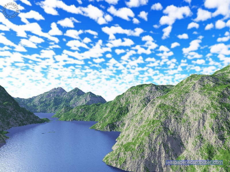 Mountain Lake Landscape — Blue, Serene, Afternoon, 3d Render, Mountains, Sky, Clouds