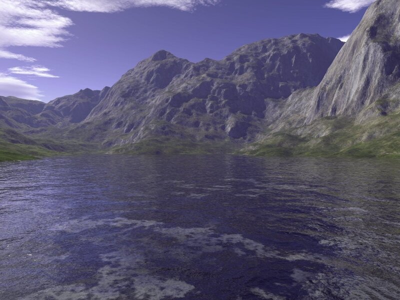 Mountain Lake Landscape — Blue, Serene, Afternoon, 3d Render, Mountains, Sky, Gray