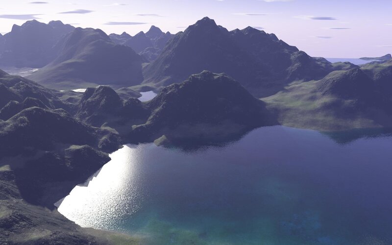 Mountain Lake Landscape — Blue, Serene, Afternoon, 3d Render, Mountains, Sky