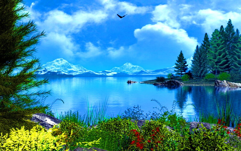 Mountain Lake Landscape — Blue, Serene, Afternoon, Digital Art, Birds