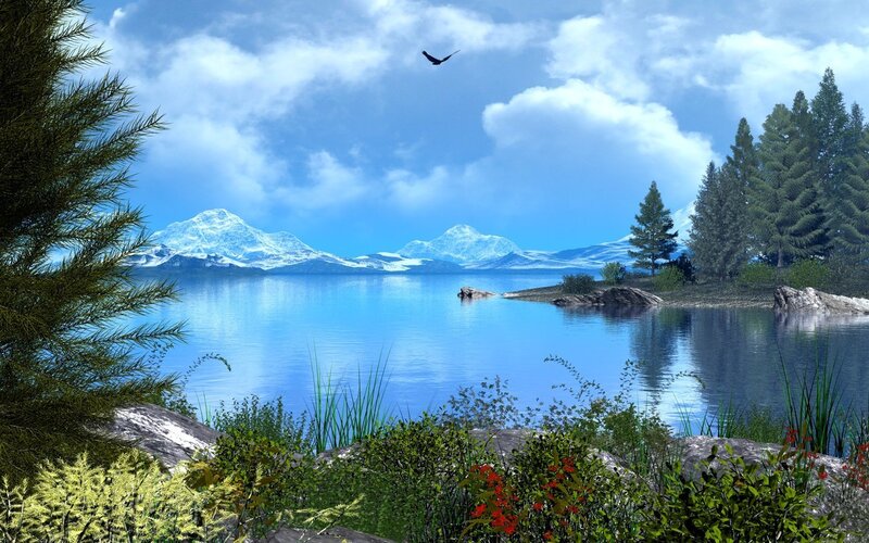 Mountain Lake Landscape — Blue, Serene, Afternoon, Digital Art, Birds, Trees