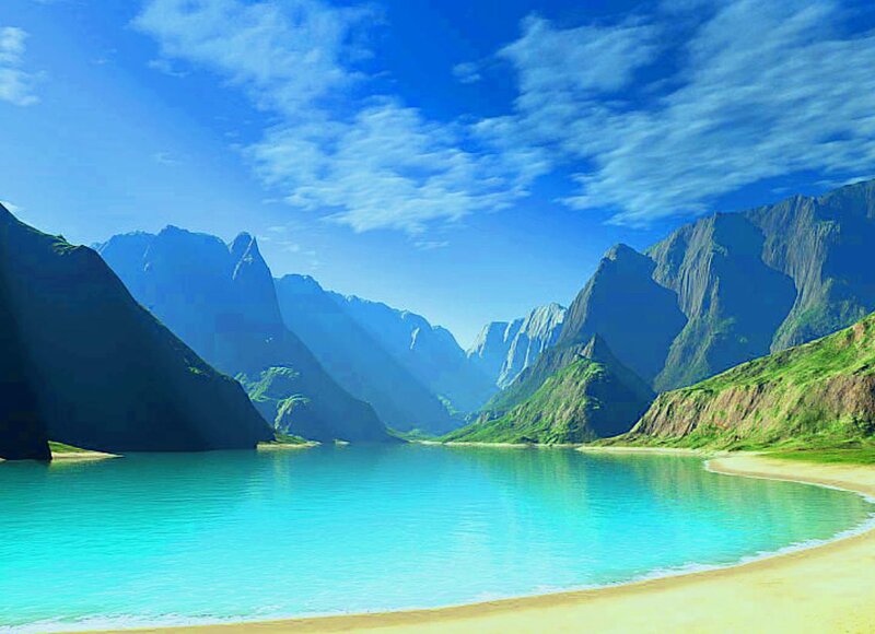 Mountain Lake Landscape — Blue, Serene, Afternoon, Digital Art, Mountains, Beach