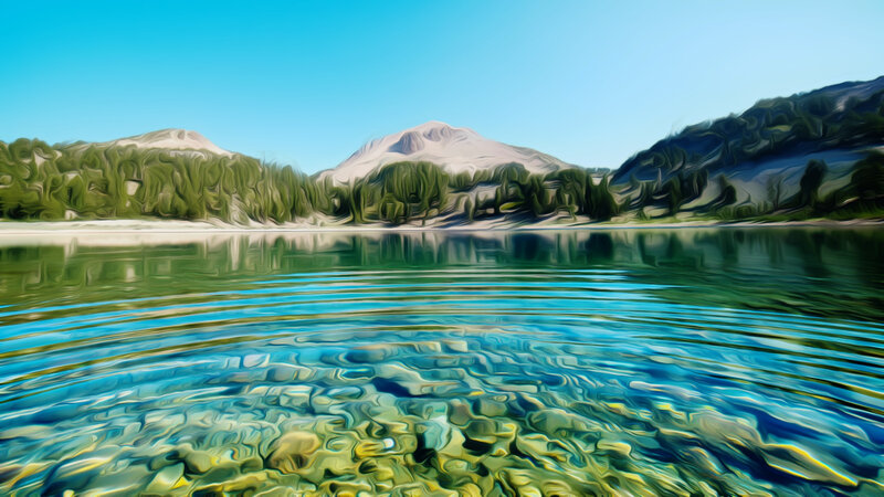 Mountain Lake Landscape — Blue, Serene, Afternoon, Digital Art, Mountains, Trees