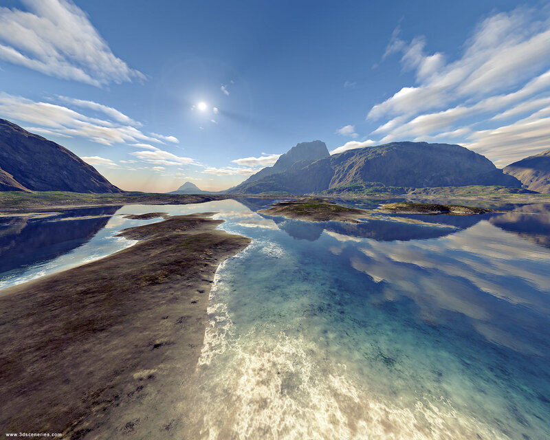 Mountain Lake Landscape — Blue, Serene, Afternoon, Digital Art, Mountains, Water