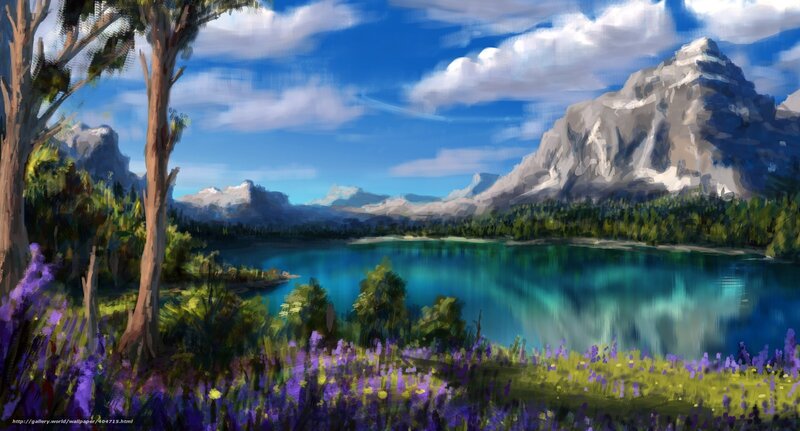 Mountain Lake Landscape — Blue, Serene, Afternoon, Digital Art, Trees, Flowers