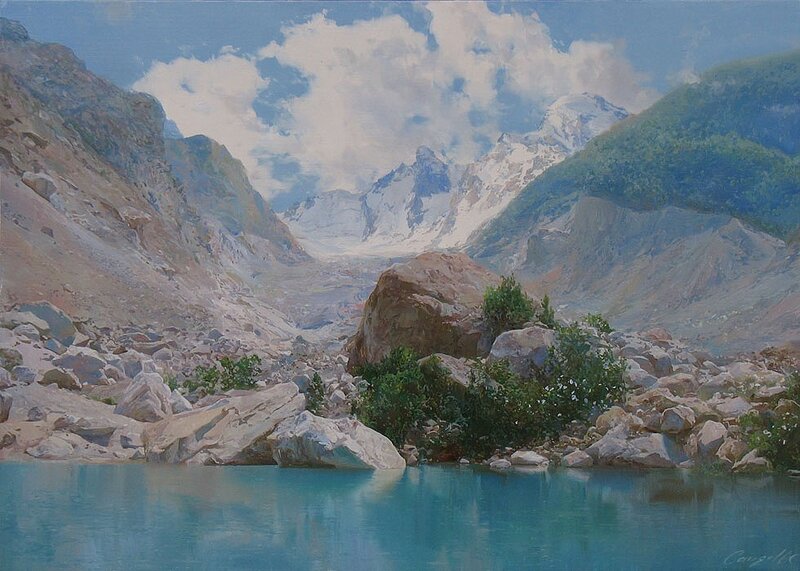 Mountain Lake Landscape — Blue, Serene, Afternoon, Painting, Mountains, Glacier
