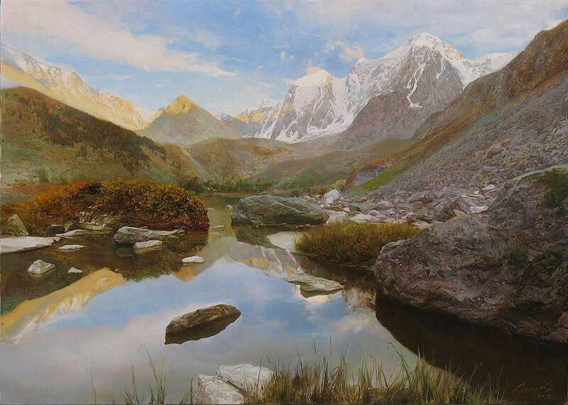 Mountain Lake Landscape — Blue, Serene, Afternoon, Painting, Mountains, River