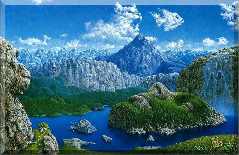 Mountain Lake Landscape — Blue, Serene, Afternoon, Painting, Mountains